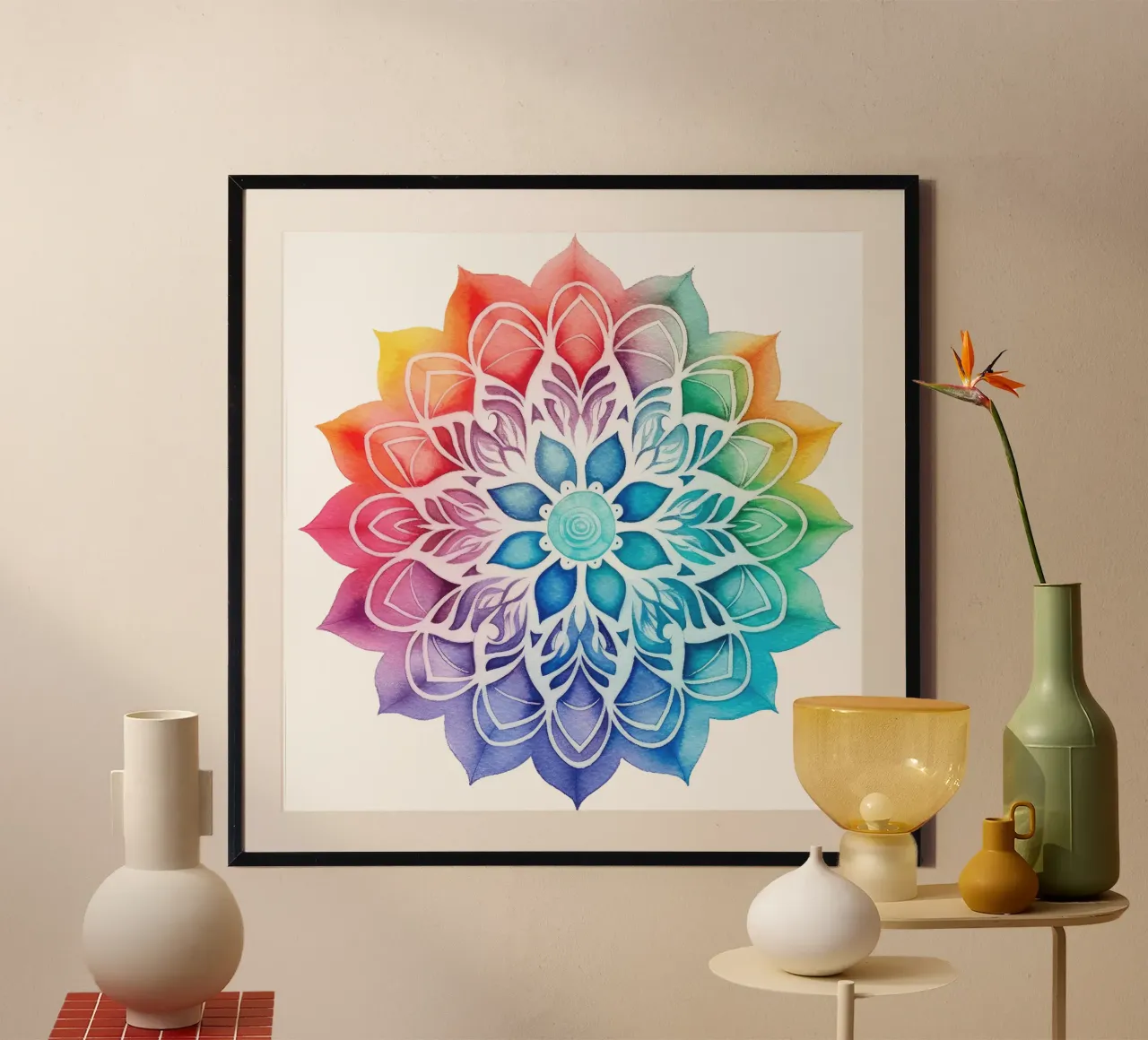 Mandala arcobaleno acquerellato poster con telaio in plastica da Spiritual Touch