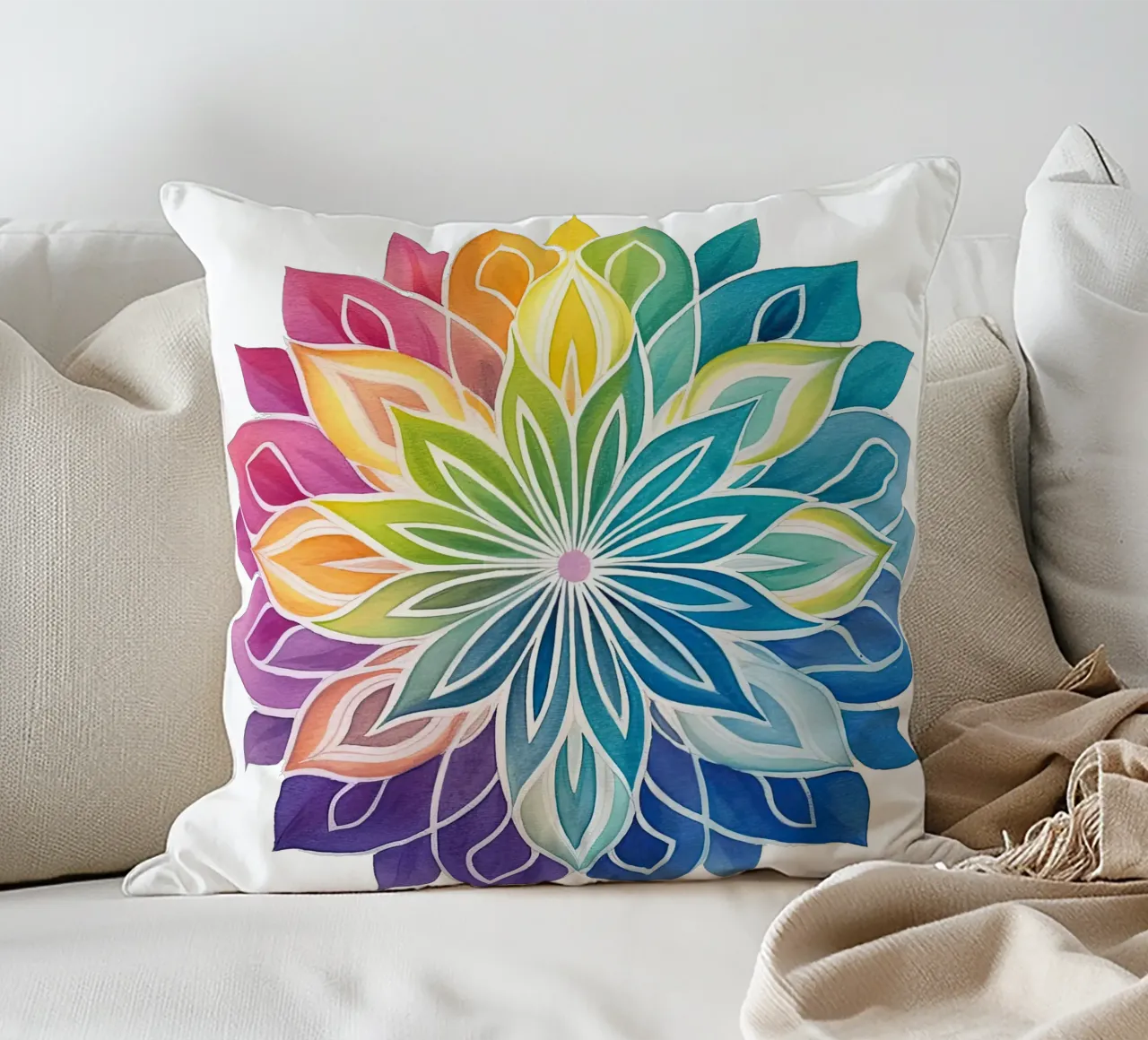 Mandala arcobaleno acquerellato cuscino da Spiritual Touch