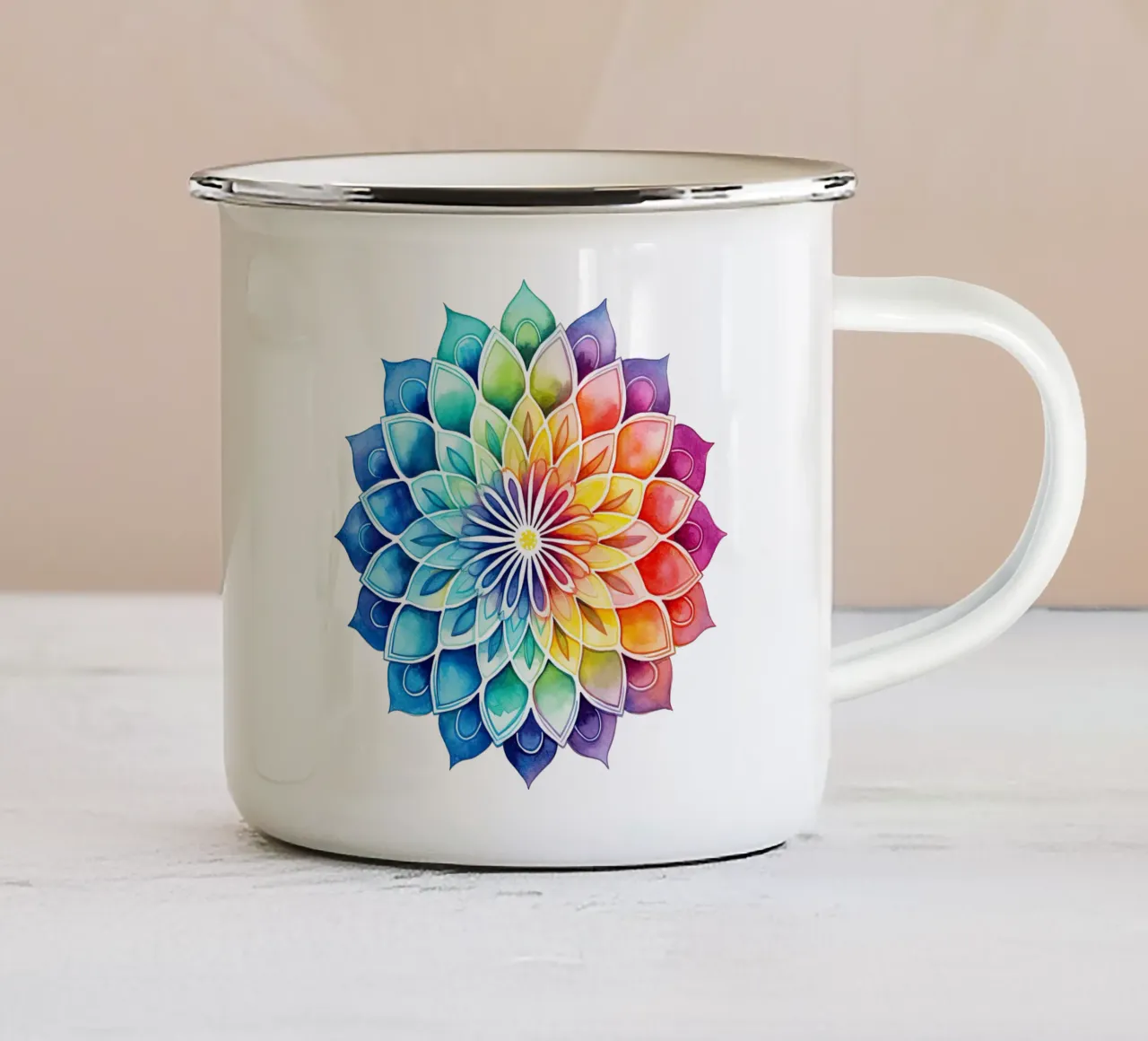 Mandala arcobaleno acquerellato tazza in smalto da Spiritual Touch
