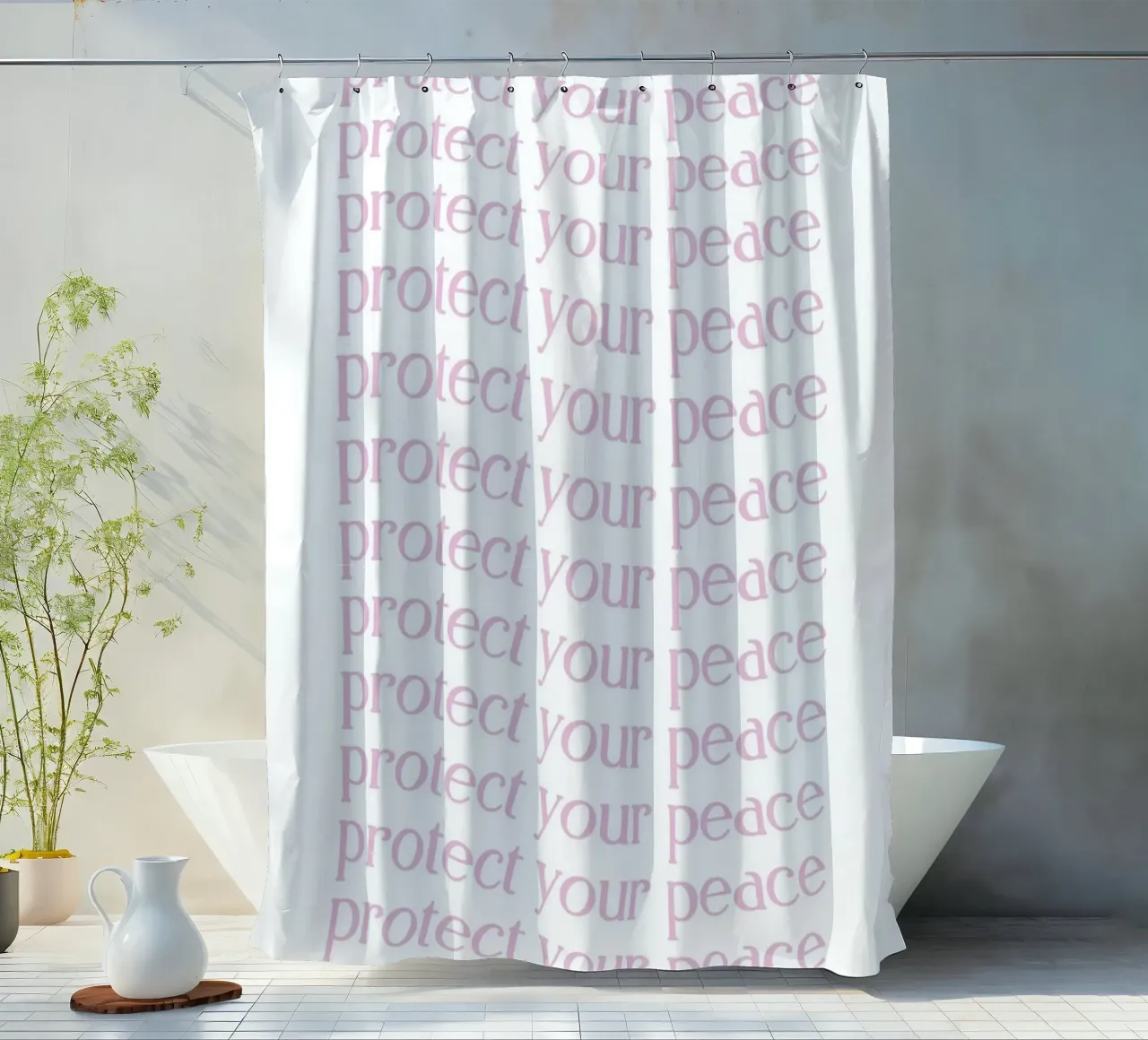 Poster estetico "Proteggi la tua pace" con testo ripetuto in rosa tenda da doccia da homdeco
