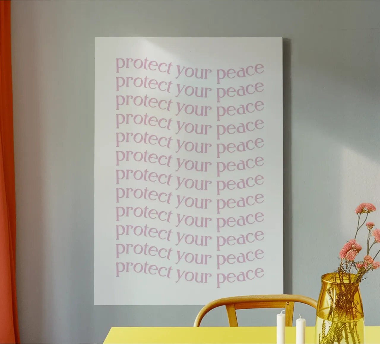 Poster estetico "Proteggi la tua pace" con testo ripetuto in rosa tela con Cornice a cassetta da homdeco