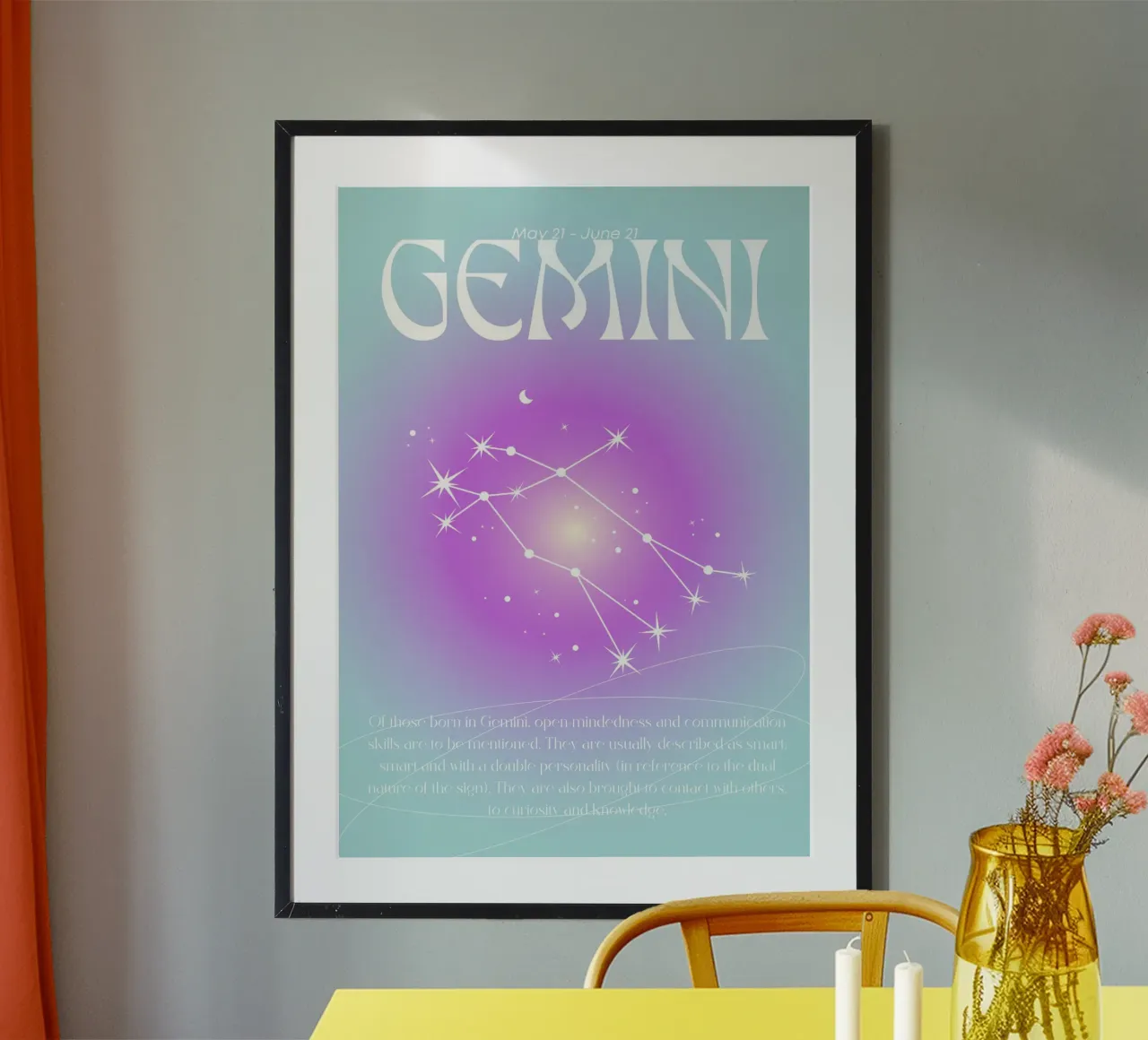Sterrenbeeld Tweelingen Paars Blauw Aura Kunstdruk poster met aluminium frame van homdeco