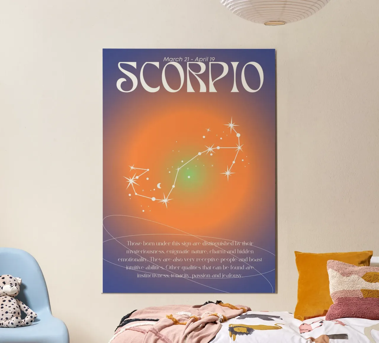 Skorpion Sternzeichen Konstellation Orange Lila Aura Kunstdruck Poster von homdeco