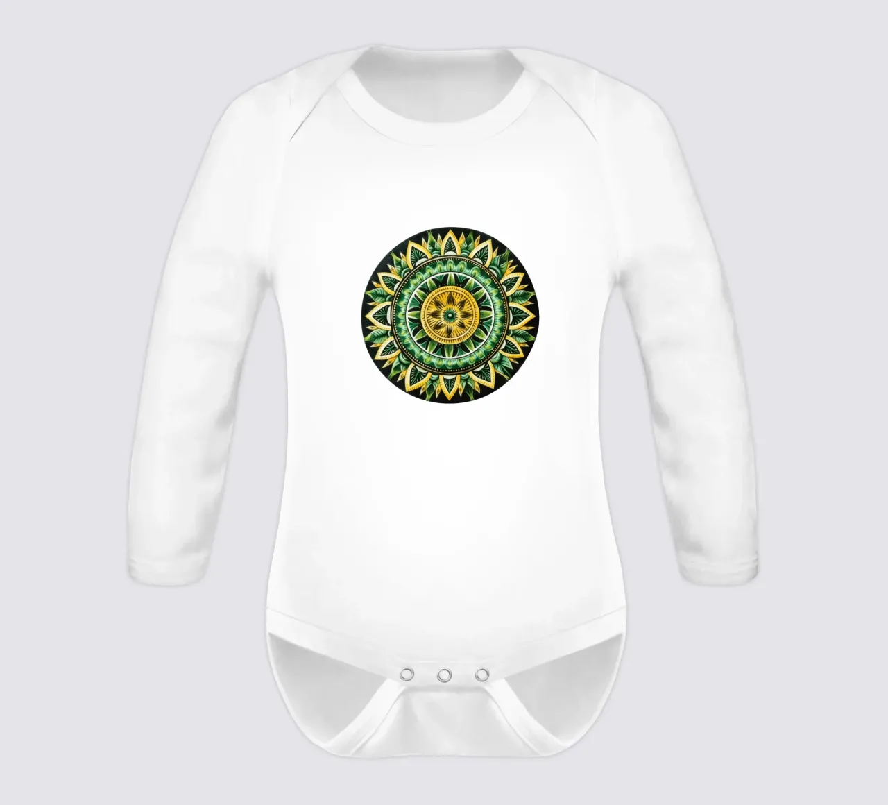Green Mandala long-sleeve baby romper by Spiritual Touch