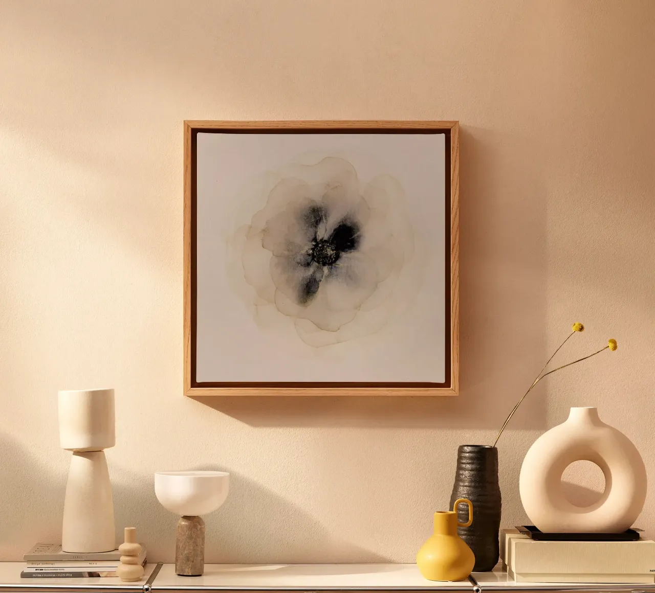 Abstract Bloemschilderij - Blauw en Goud Bloemig canvas met Baklijst van Ingrid Beddoes