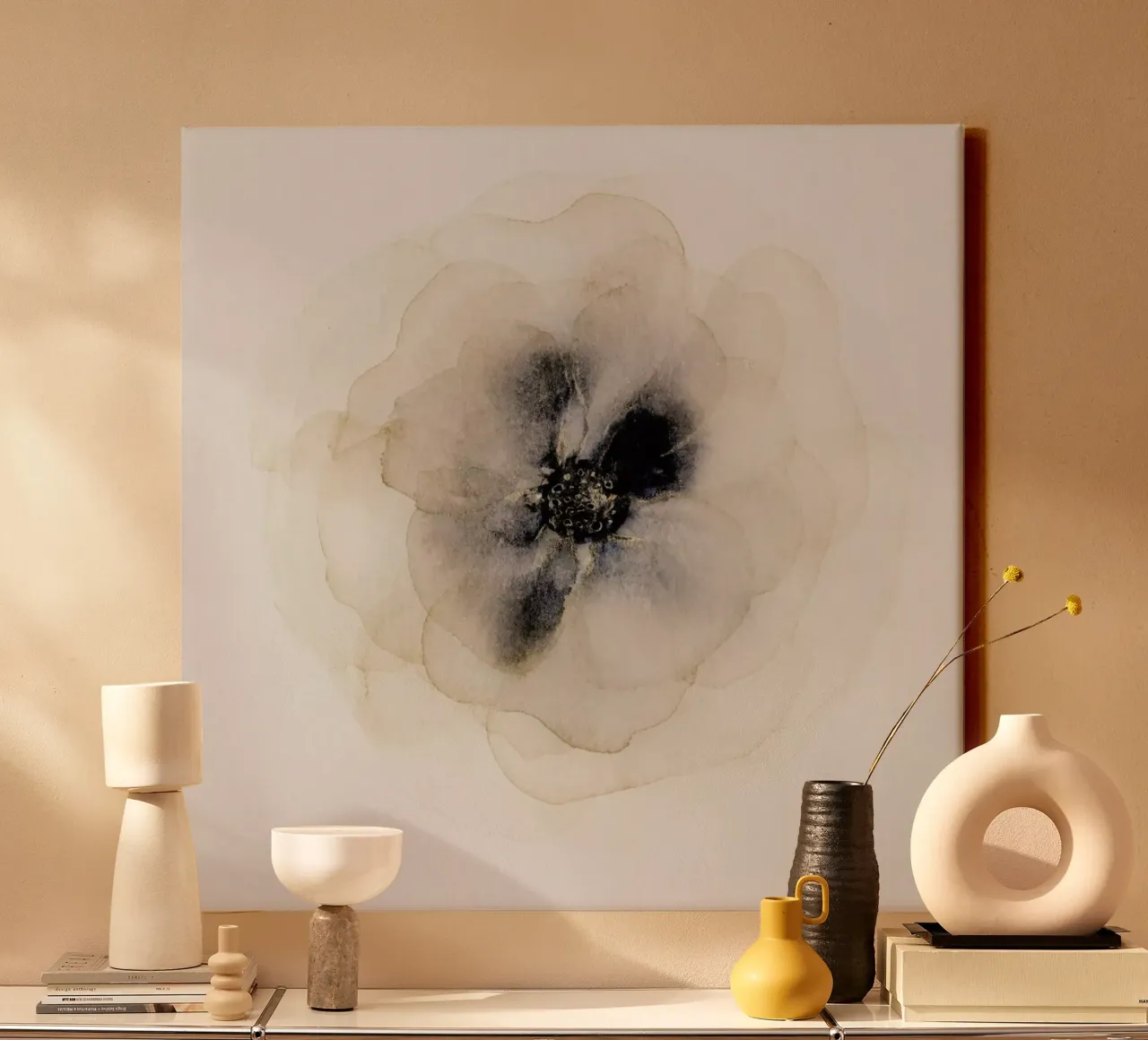 Abstract Bloemschilderij - Blauw en Goud Bloemig canvas met Baklijst van Ingrid Beddoes