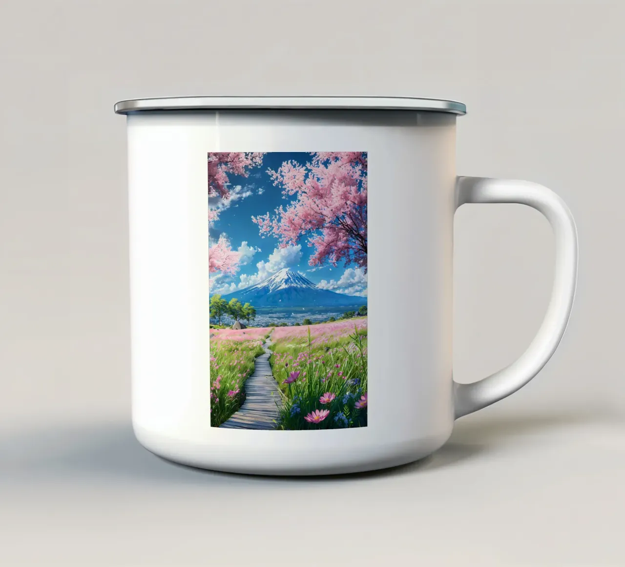 montagna dei ciliegi in fiore tazza in smalto da Lesley Sturgess