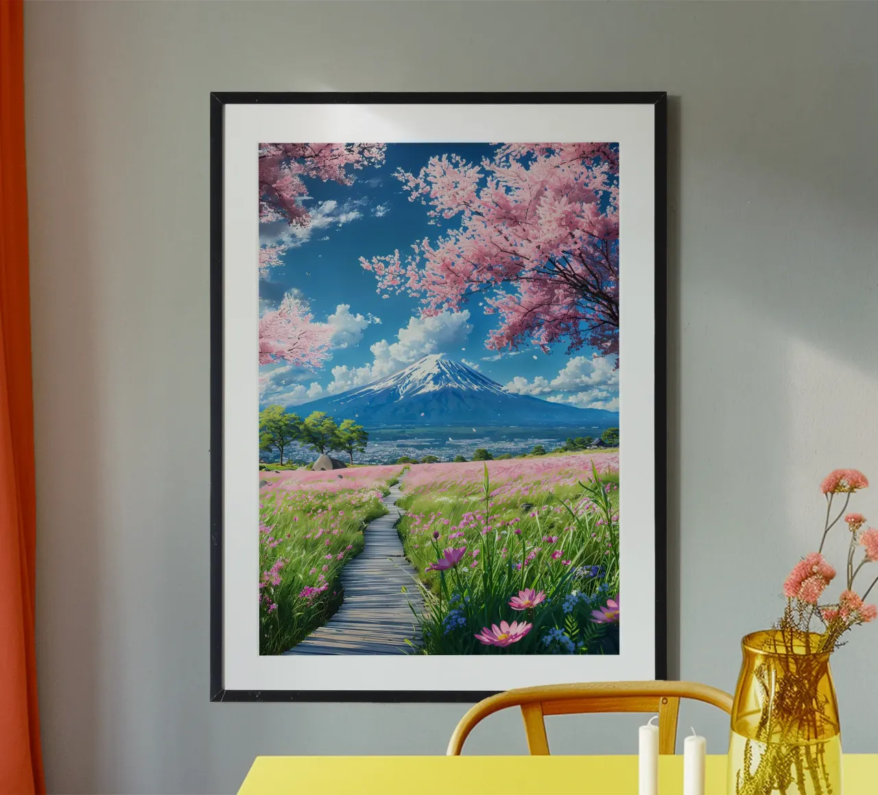 montagna dei ciliegi in fiore poster con telaio in legno da Lesley Sturgess