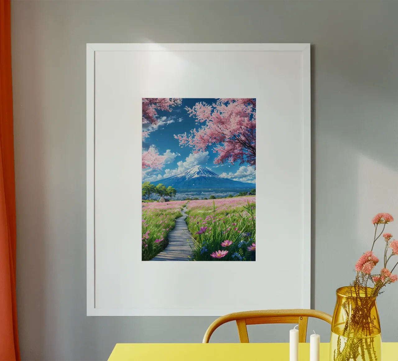montagna dei ciliegi in fiore poster con telaio in legno da Lesley Sturgess