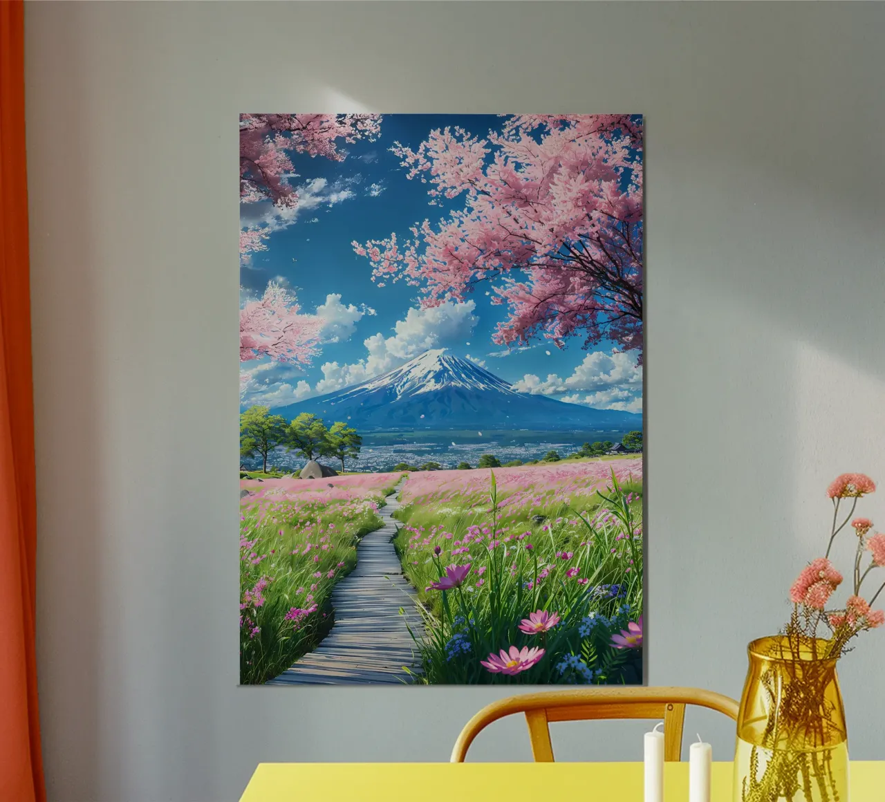 montagna dei ciliegi in fiore poster con telaio in legno da Lesley Sturgess