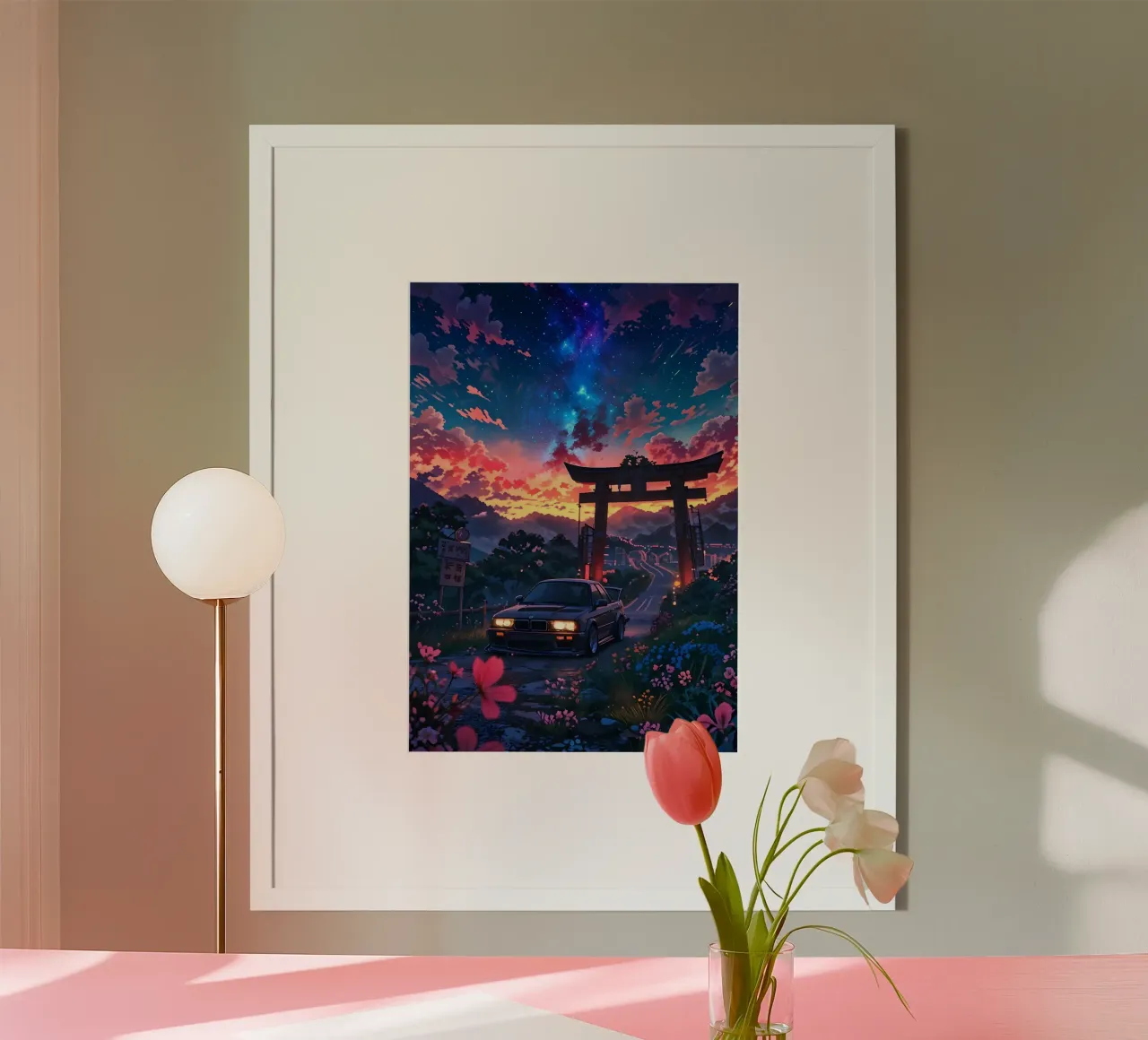 porta di torii cielo notturno poster con telaio in legno da Lesley Sturgess