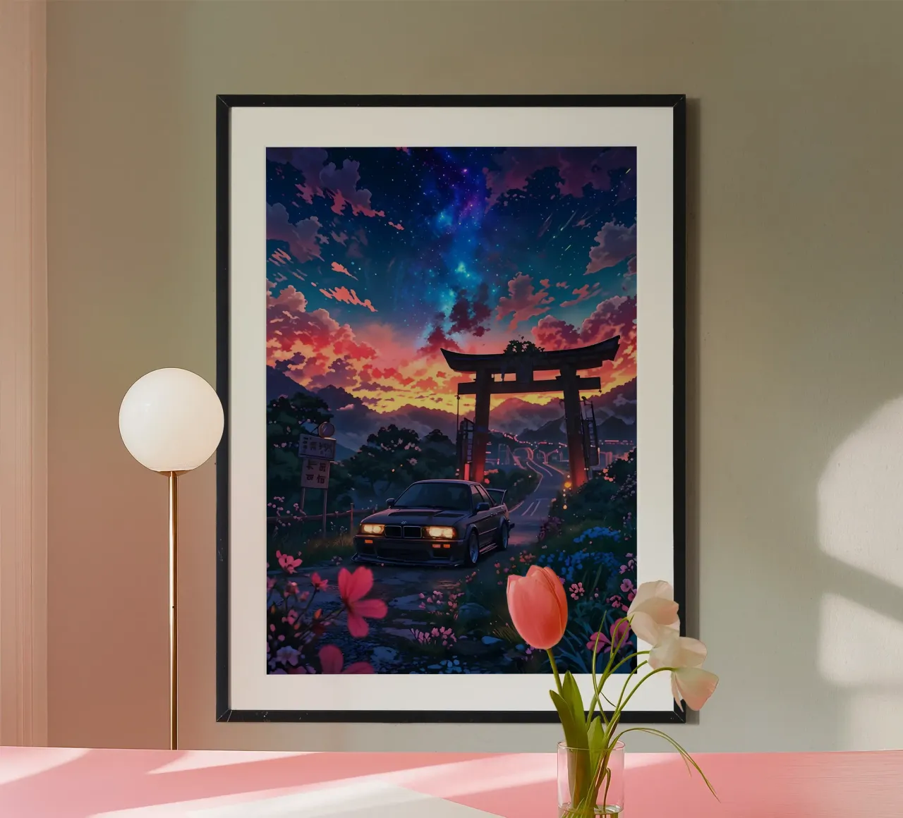 porta di torii cielo notturno poster con telaio in legno da Lesley Sturgess