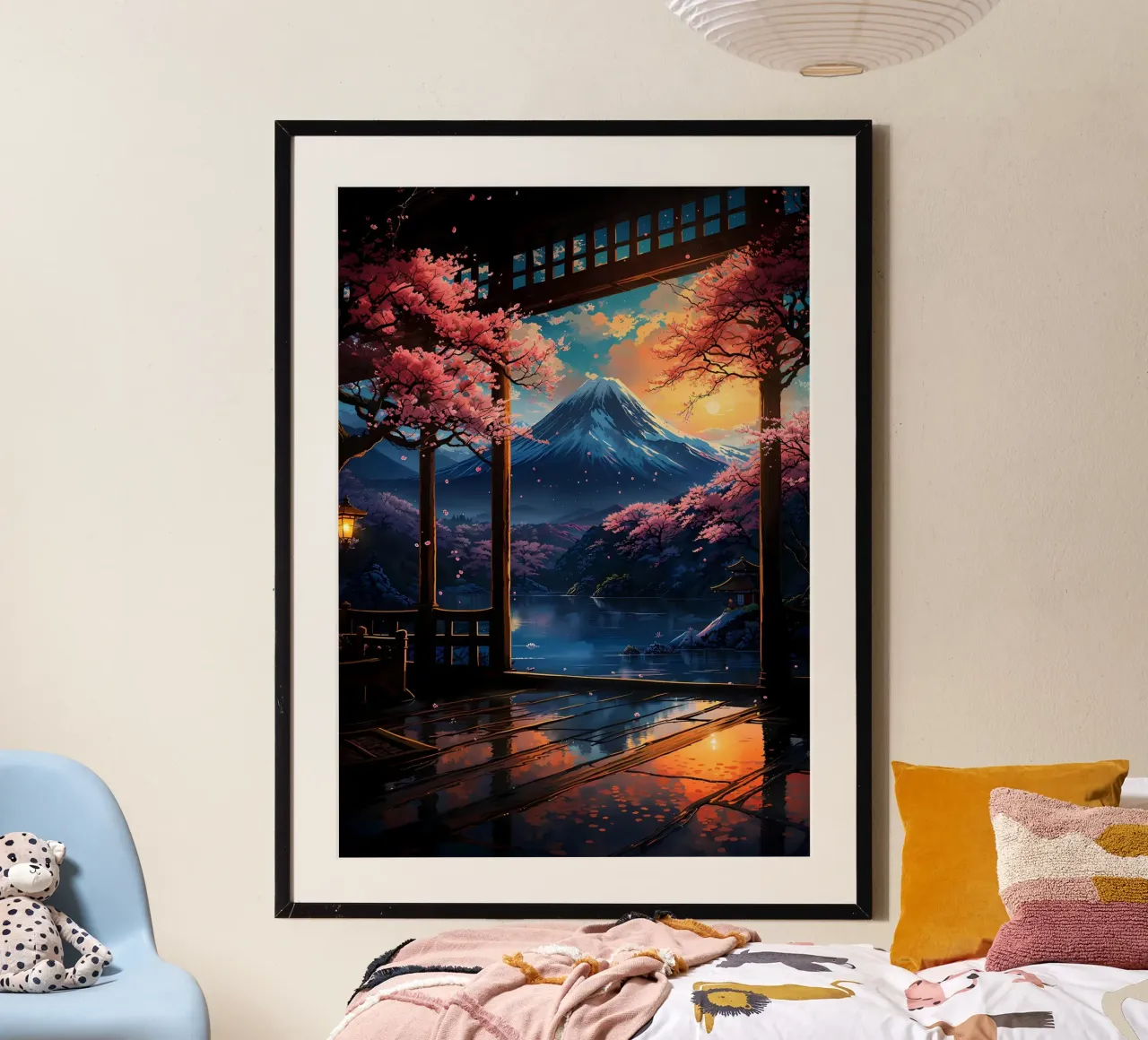 montagna dei ciliegi in fiore poster con telaio in plastica da Lesley Sturgess