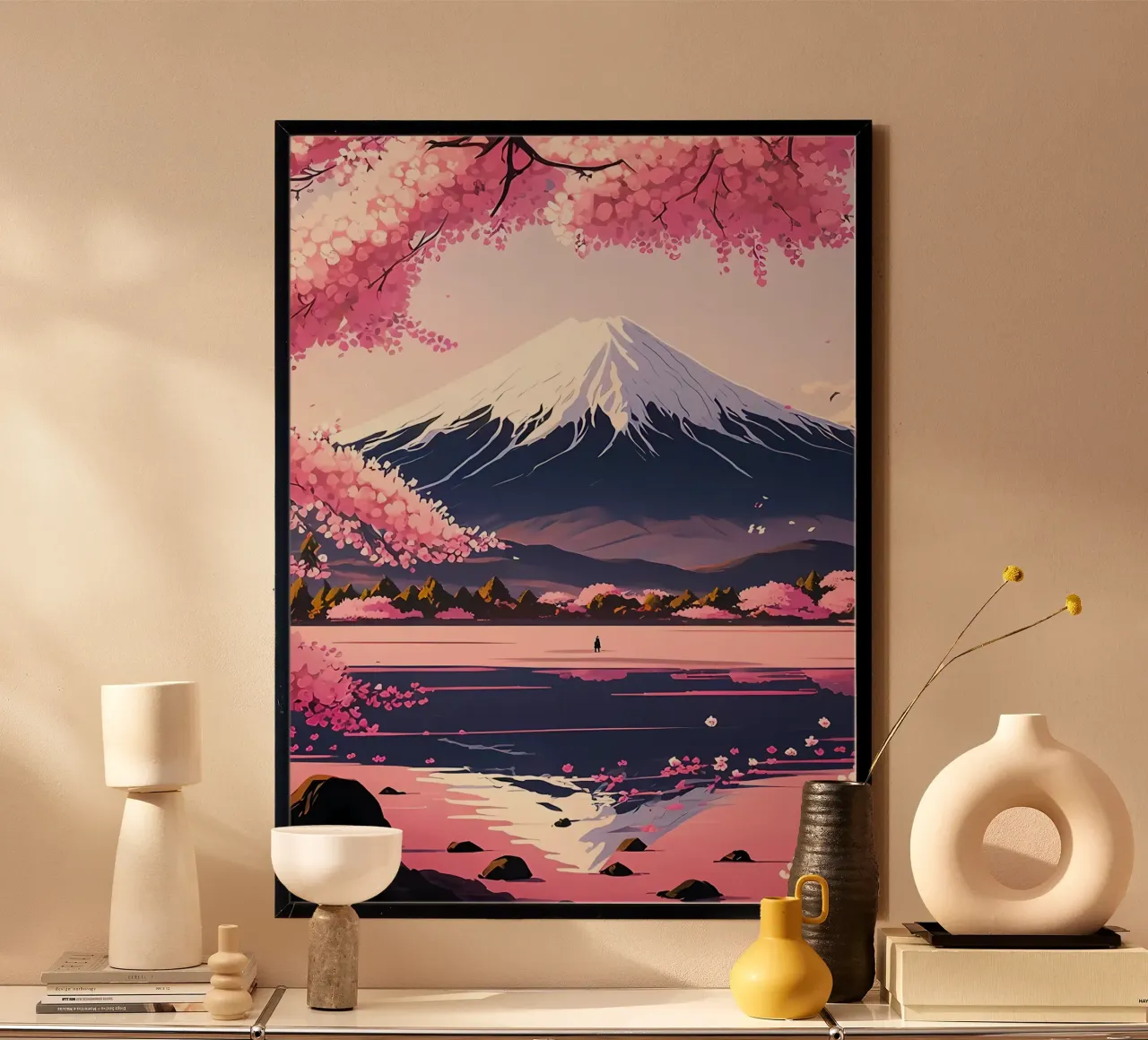 fiori di ciliegio lago di montagna poster con telaio in plastica da Lesley Sturgess