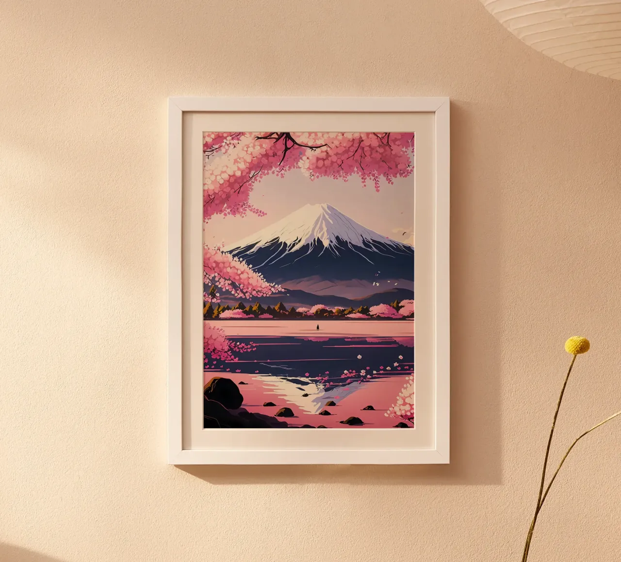 fiori di ciliegio lago di montagna poster con telaio in plastica da Lesley Sturgess