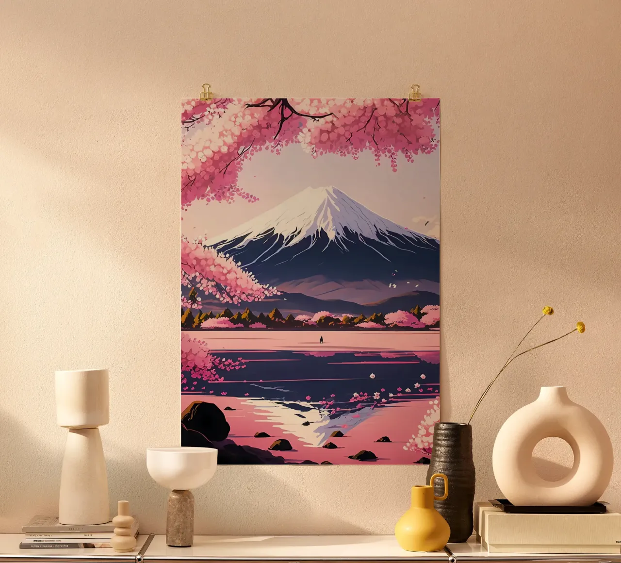 fiori di ciliegio lago di montagna poster con telaio in plastica da Lesley Sturgess