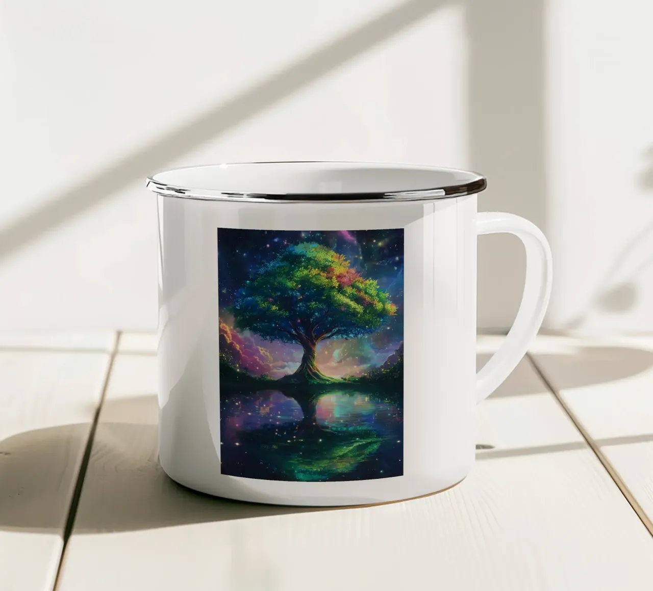 albero lago riflessione tazza in smalto da Jennifer R Spyhalski