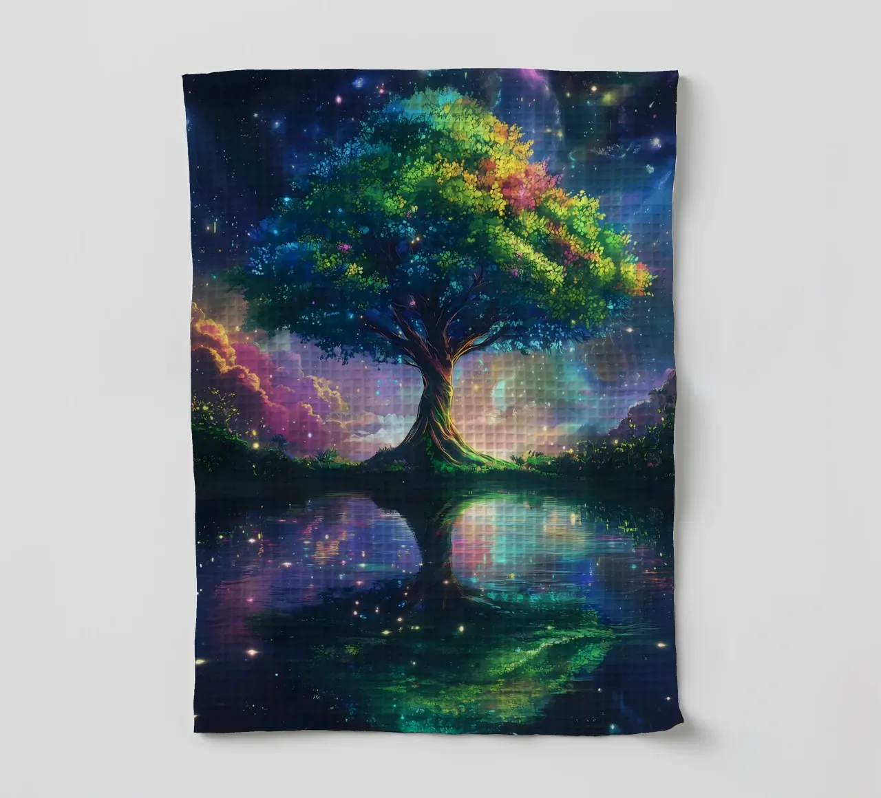 tree lake reflection tea towel by Jennifer R Spyhalski