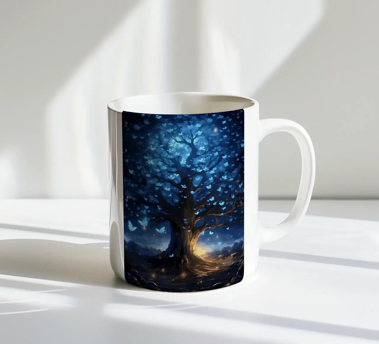 tree butterflies glow ceramic mug by Jennifer R Spyhalski