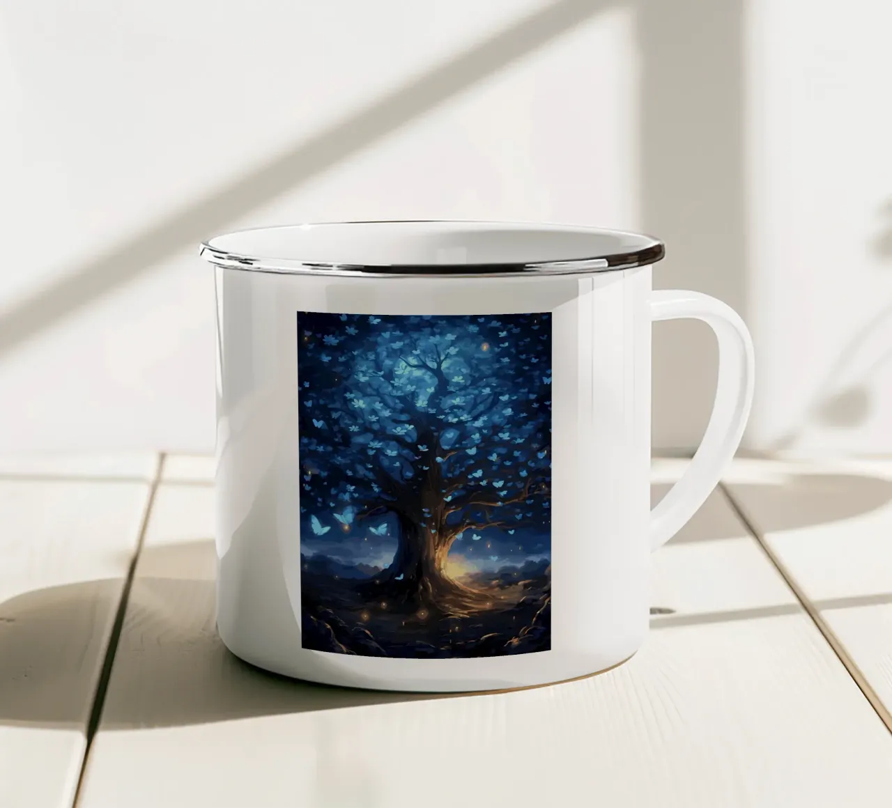 tree butterflies glow enamel mug by Jennifer R Spyhalski