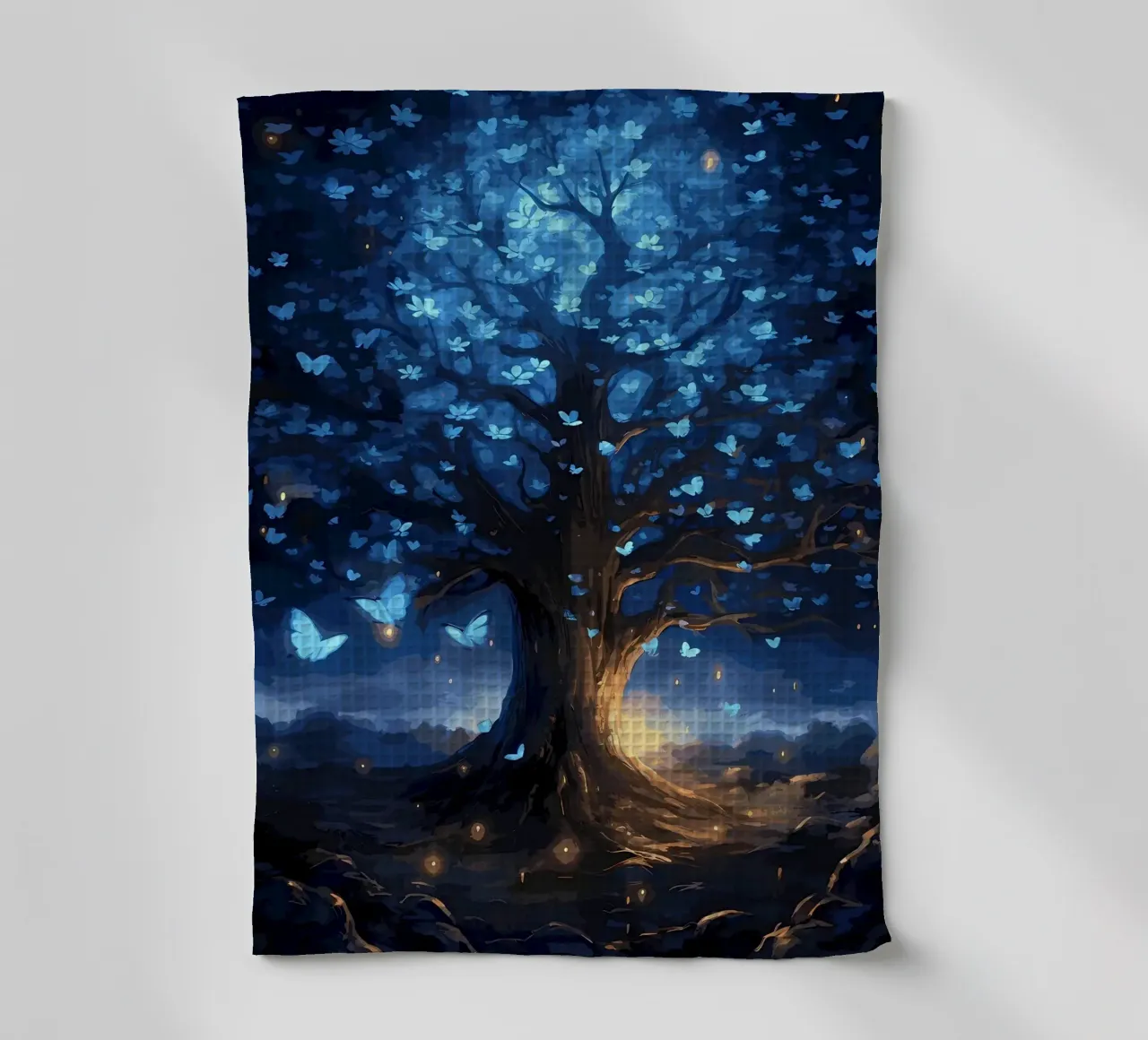 tree butterflies glow tea towel by Jennifer R Spyhalski
