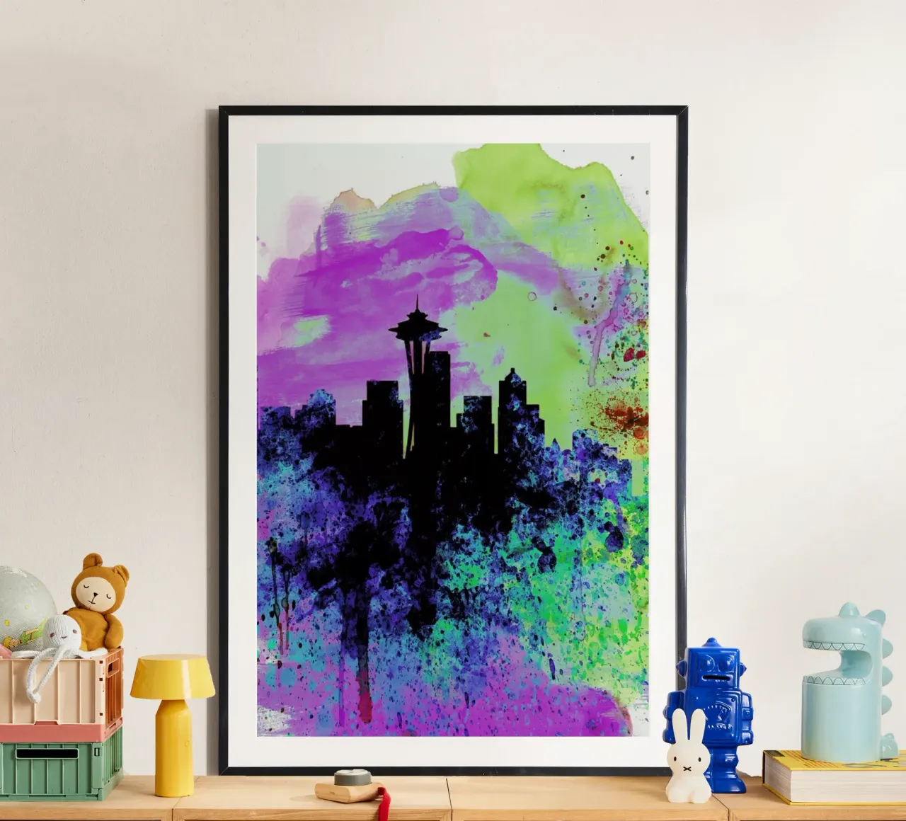 Seattle Watercolor Skyline 1 poster con telaio in plastica da Naxart