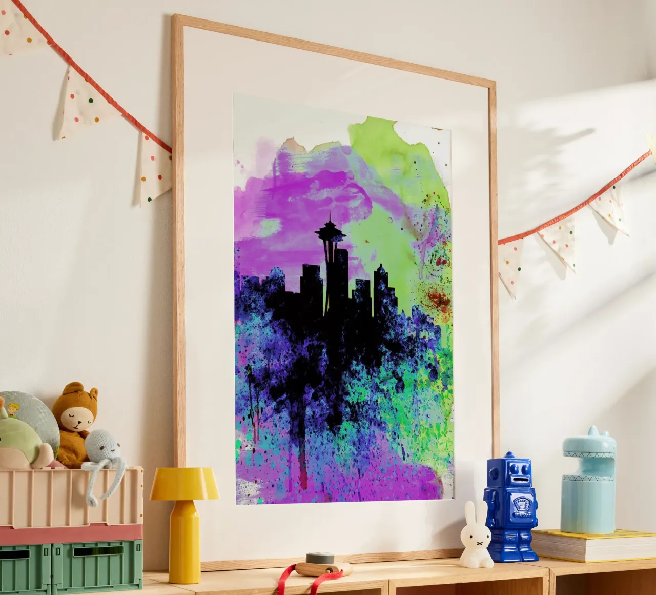 Seattle Watercolor Skyline 1 poster con telaio in plastica da Naxart