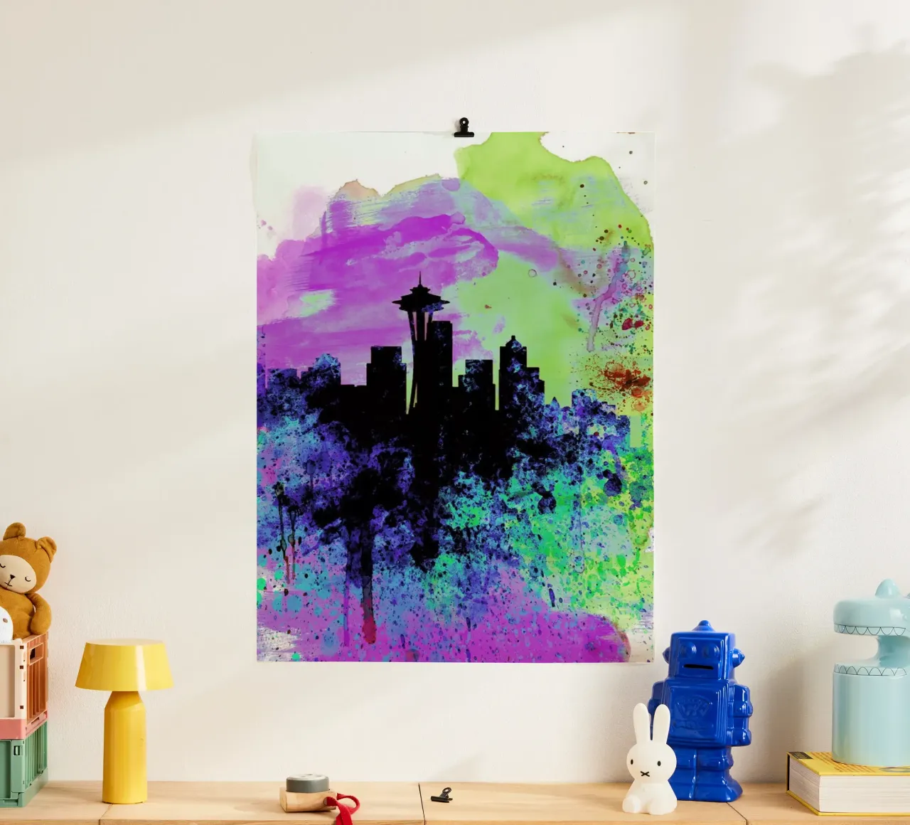 Seattle Watercolor Skyline 1 poster con telaio in plastica da Naxart