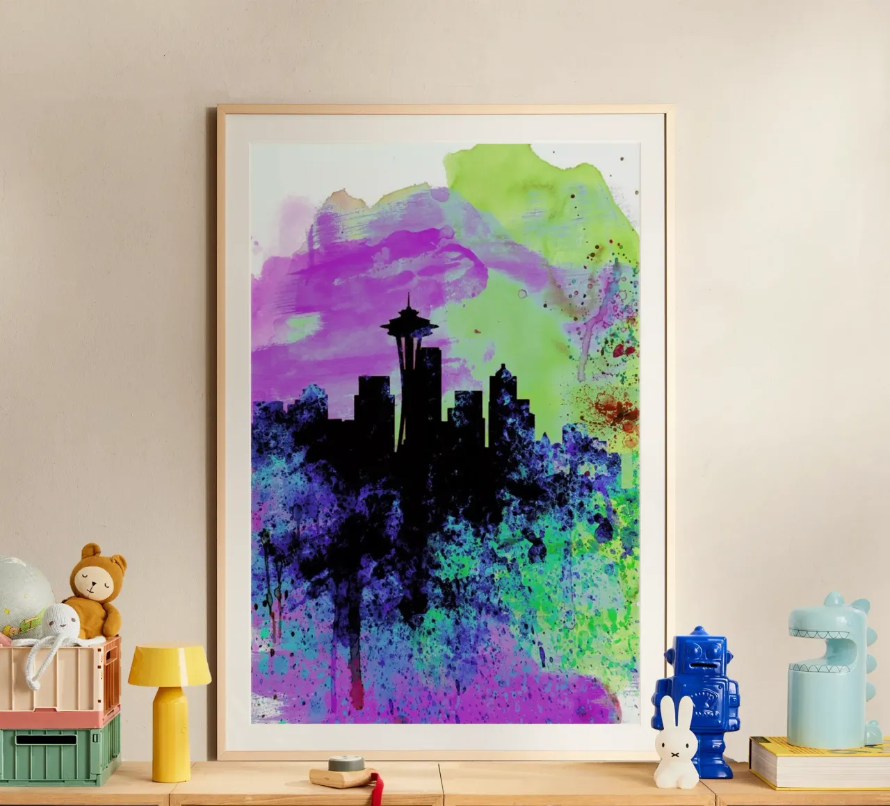 Seattle Watercolor Skyline 1 poster con telaio in plastica da Naxart