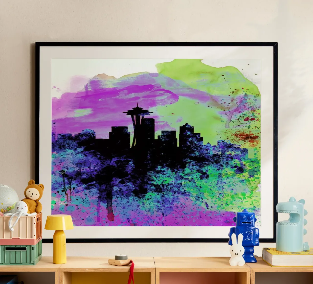 Seattle Watercolor Skyline 1 poster con telaio in plastica da Naxart