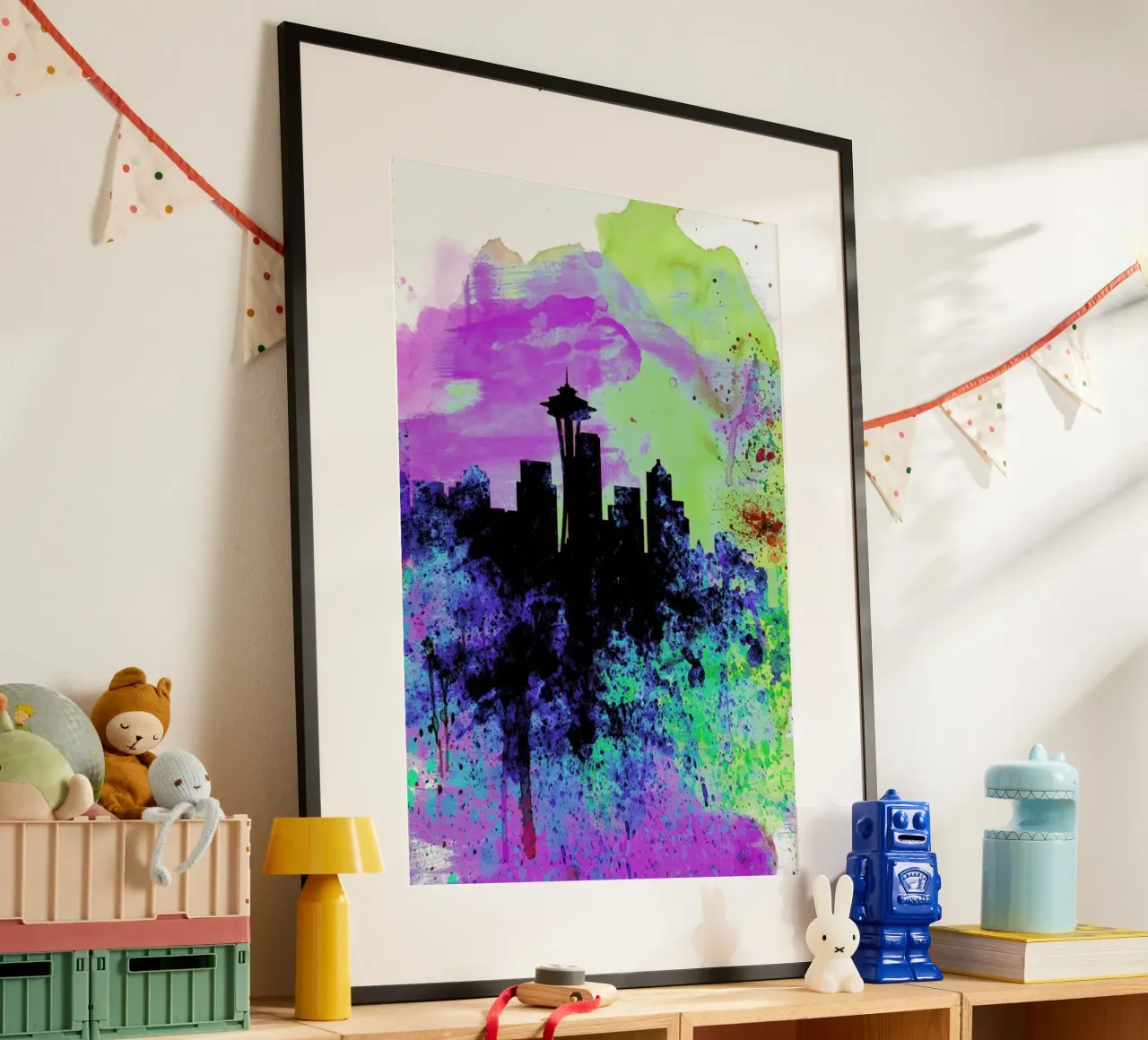 Seattle Watercolor Skyline 1 poster con telaio in plastica da Naxart