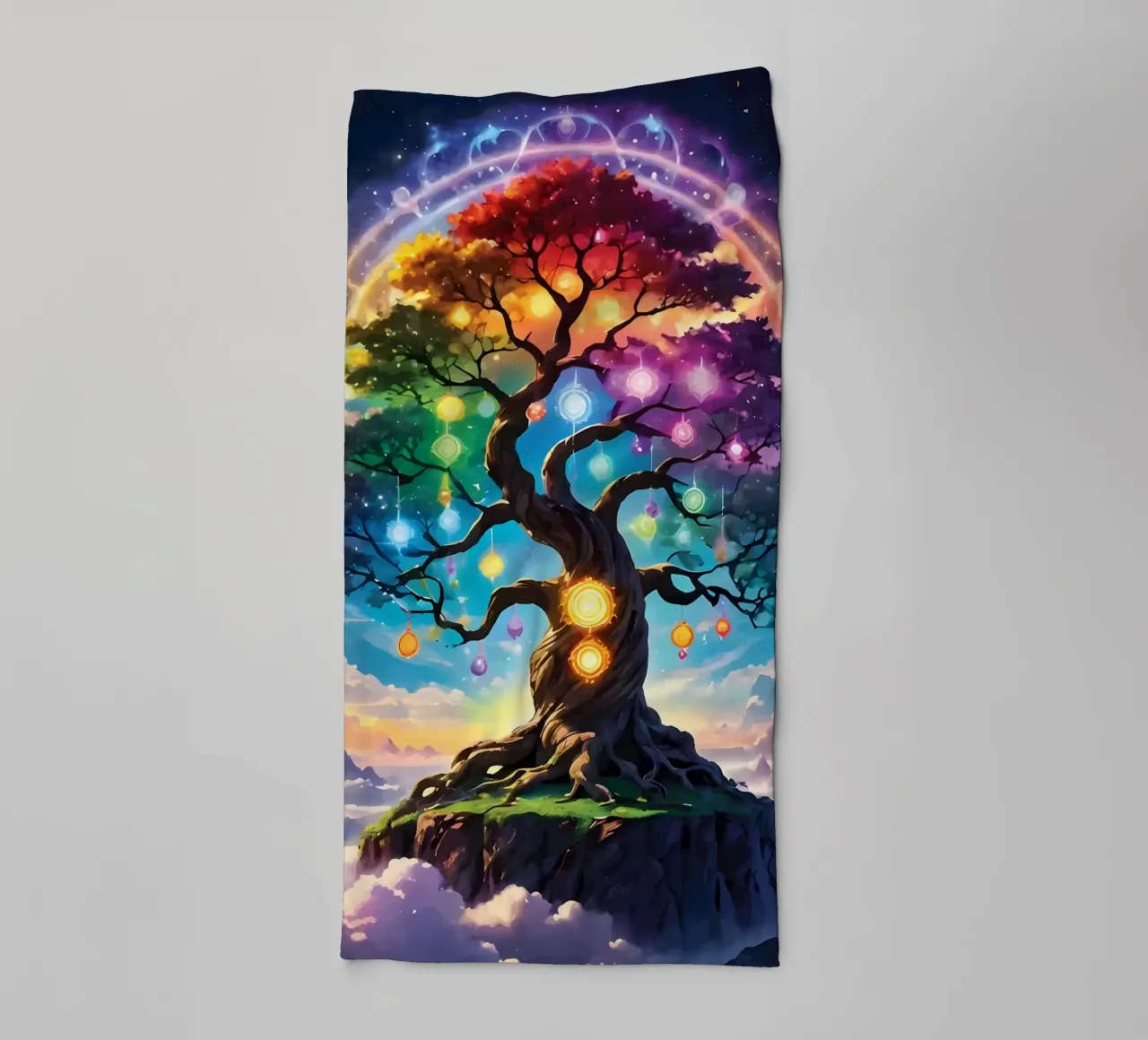 rainbow colors fantasy tree aurora lights towel by Jennifer R Spyhalski