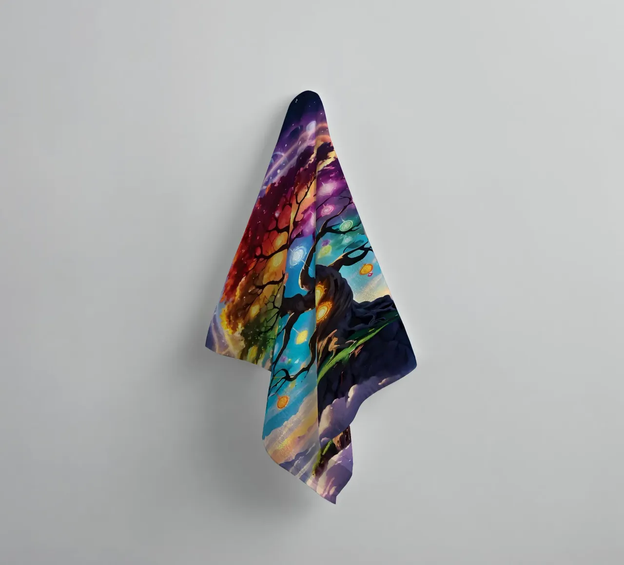 rainbow colors fantasy tree aurora lights towel by Jennifer R Spyhalski