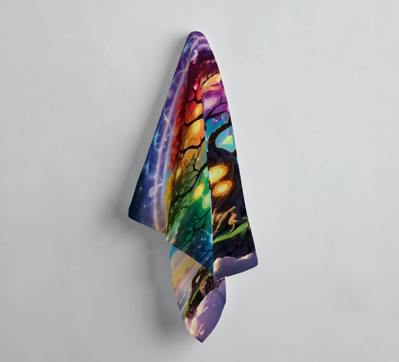 rainbow colors fantasy tree aurora lights towel by Jennifer R Spyhalski