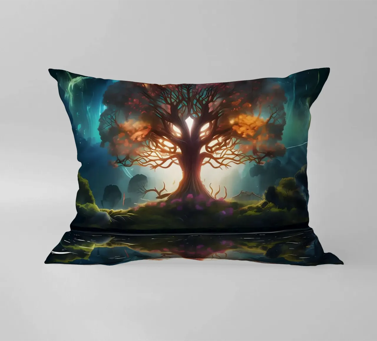 tree reflection glowing decorative cushion by Jennifer R Spyhalski