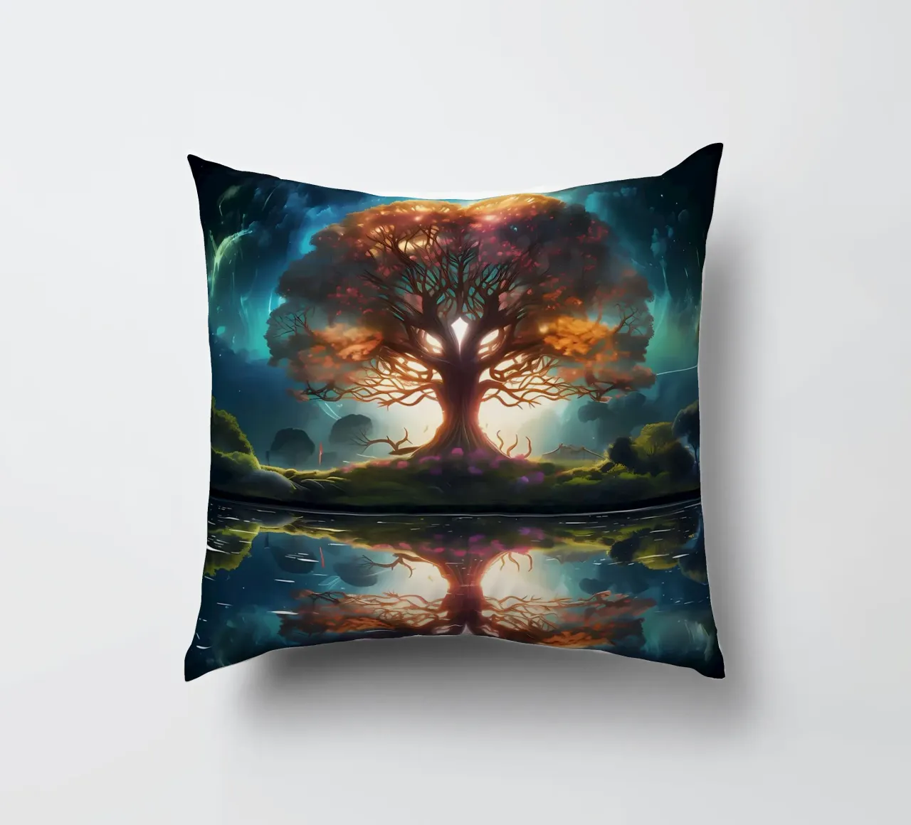 tree reflection glowing decorative cushion by Jennifer R Spyhalski