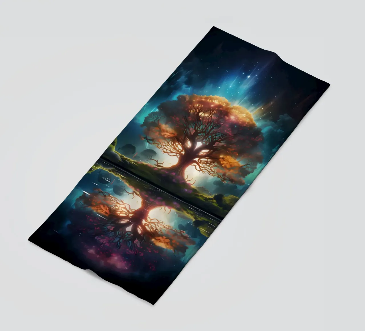 tree reflection glowing beach towel by Jennifer R Spyhalski