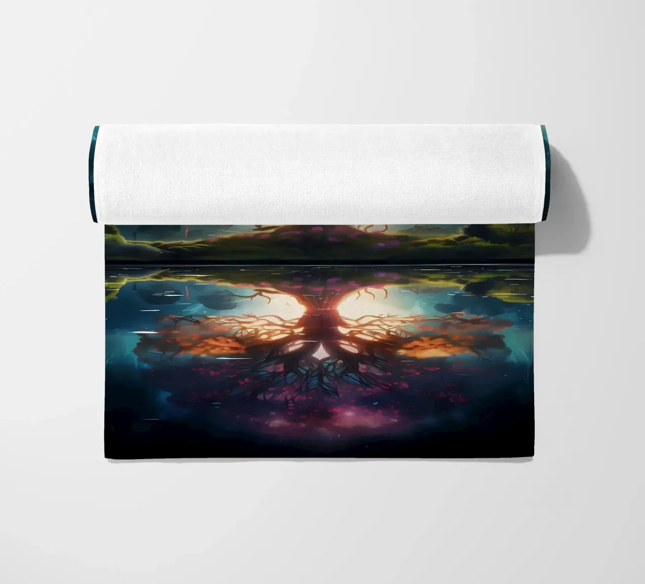 tree reflection glowing beach towel by Jennifer R Spyhalski