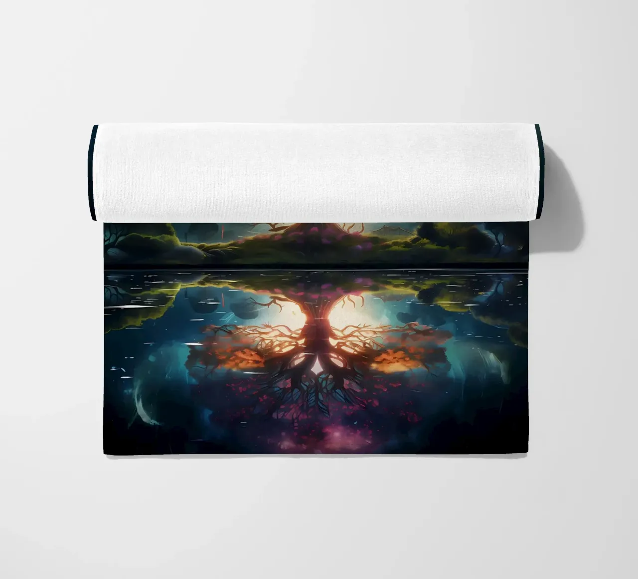 tree reflection glowing beach towel by Jennifer R Spyhalski