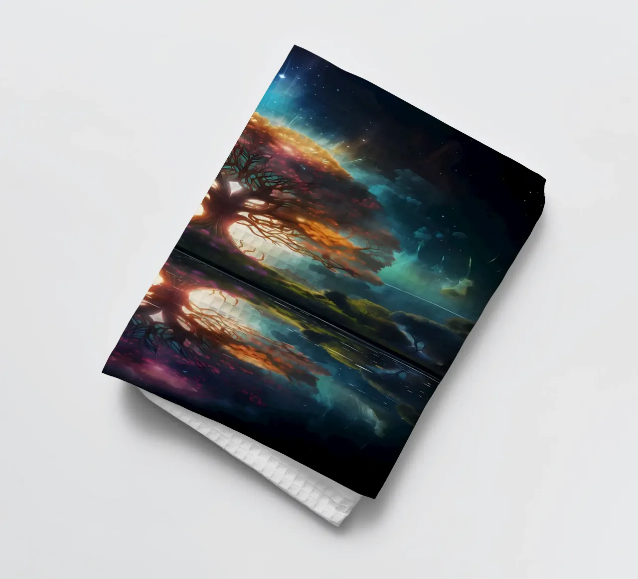 tree reflection glowing tea towel by Jennifer R Spyhalski