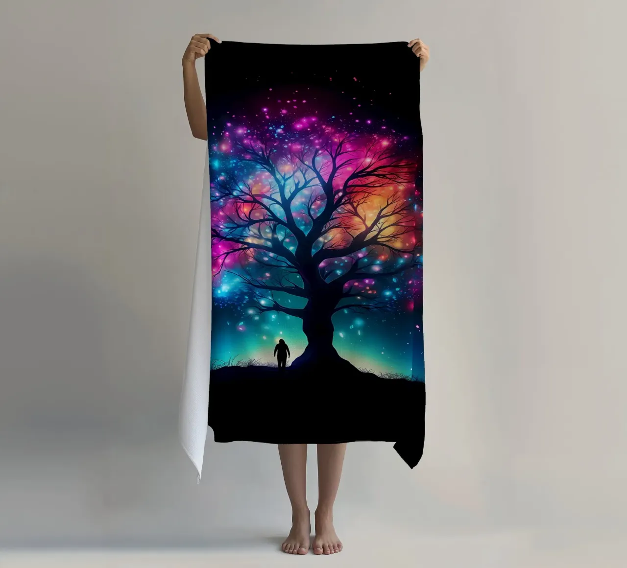 silhouette tree person beach towel by Jennifer R Spyhalski