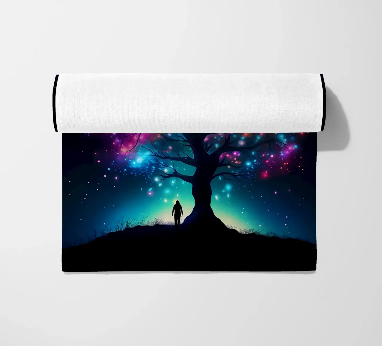 silhouette tree person beach towel by Jennifer R Spyhalski