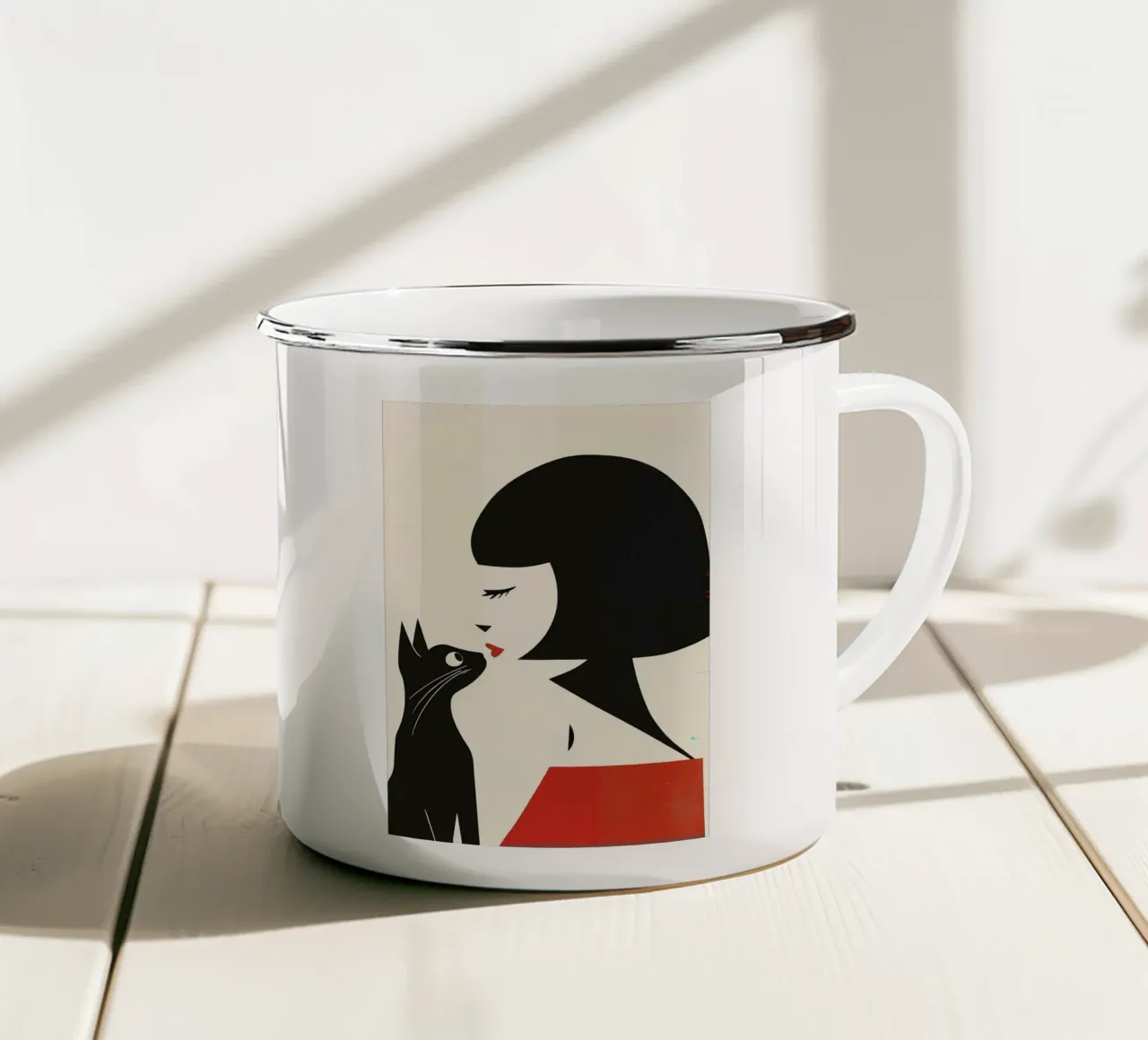 Donna e gatto tazza in smalto da Arjun