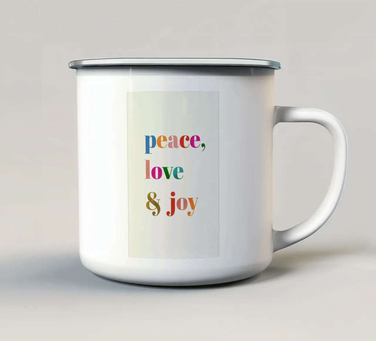 Peace, Love & Joy mug en émail de Kubistika