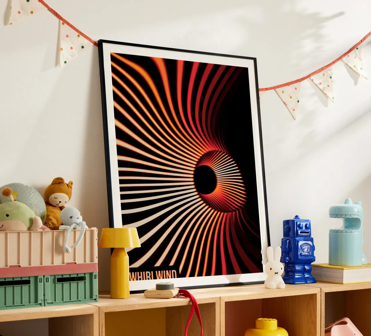 Vortice di luce Astratto Poster Spirale Rosso e Nero poster con telaio in legno da Sarah Mauriaucourt