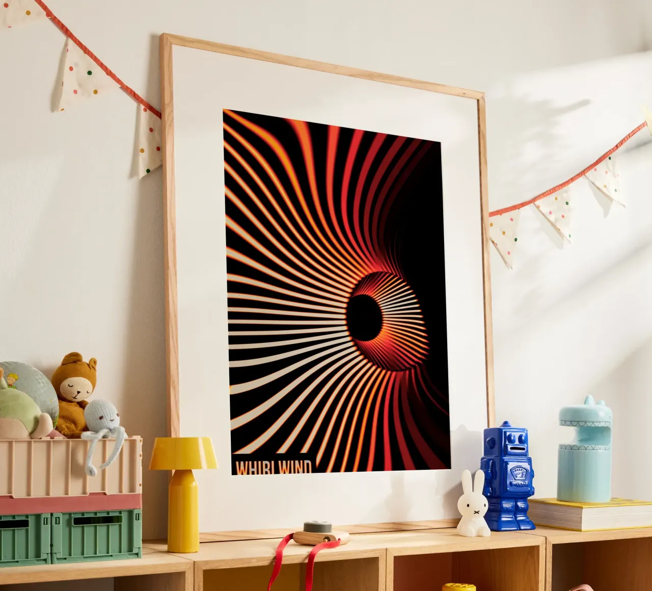 Vortice di luce Astratto Poster Spirale Rosso e Nero poster con telaio in legno da Sarah Mauriaucourt