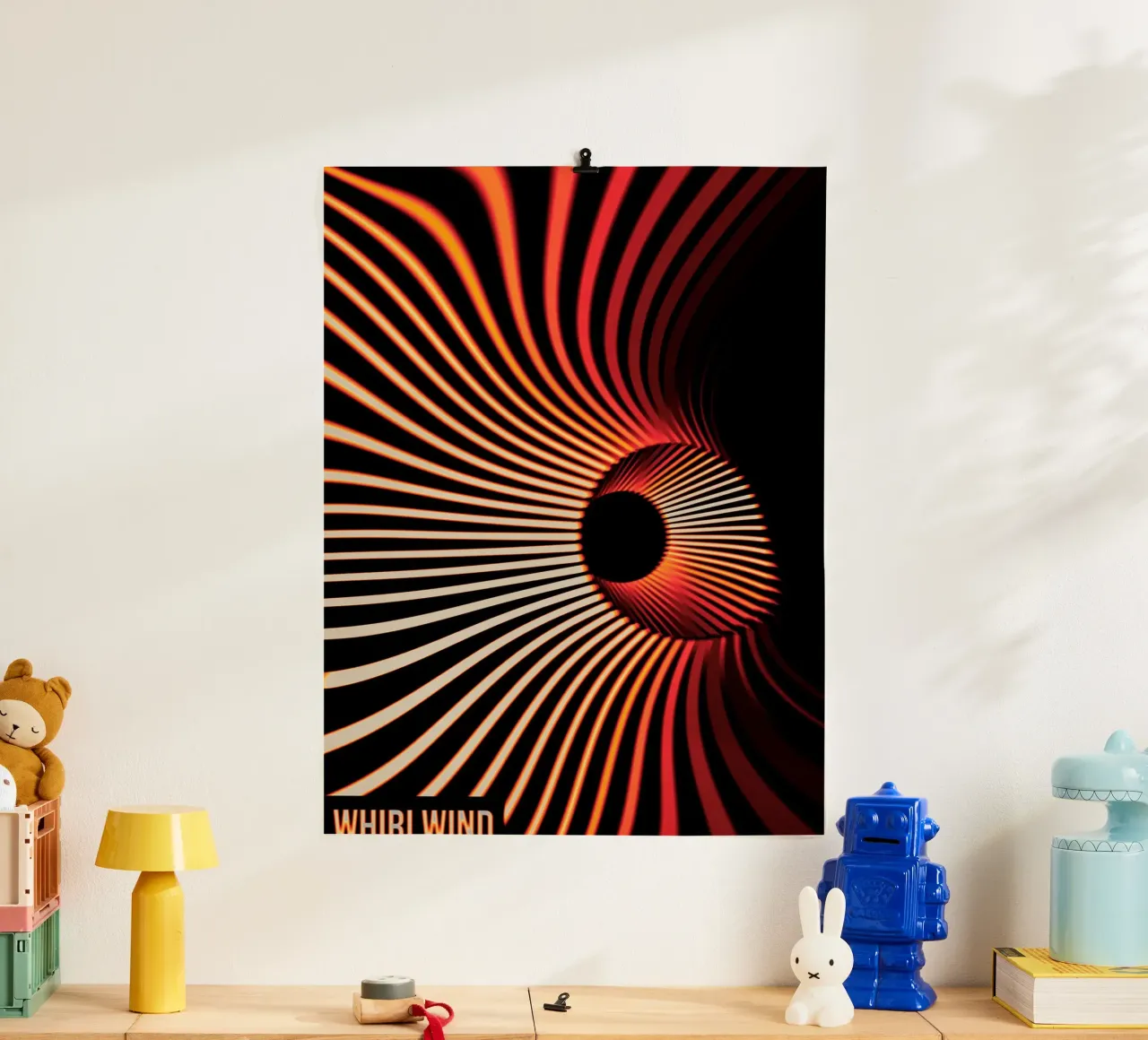 Vortice di luce Astratto Poster Spirale Rosso e Nero poster con telaio in legno da Sarah Mauriaucourt