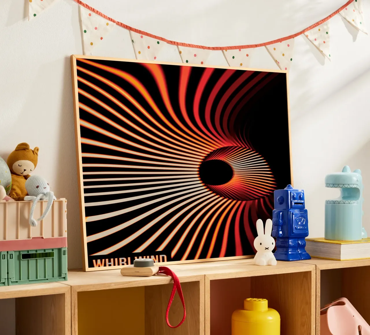 Vortice di luce Astratto Poster Spirale Rosso e Nero poster con telaio in legno da Sarah Mauriaucourt