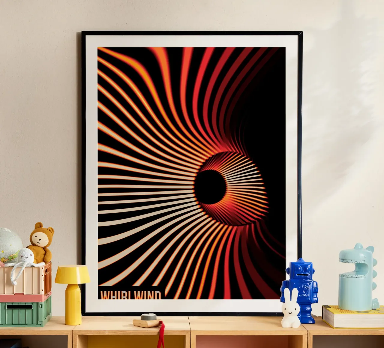 Vortice di luce Astratto Poster Spirale Rosso e Nero poster con telaio in legno da Sarah Mauriaucourt