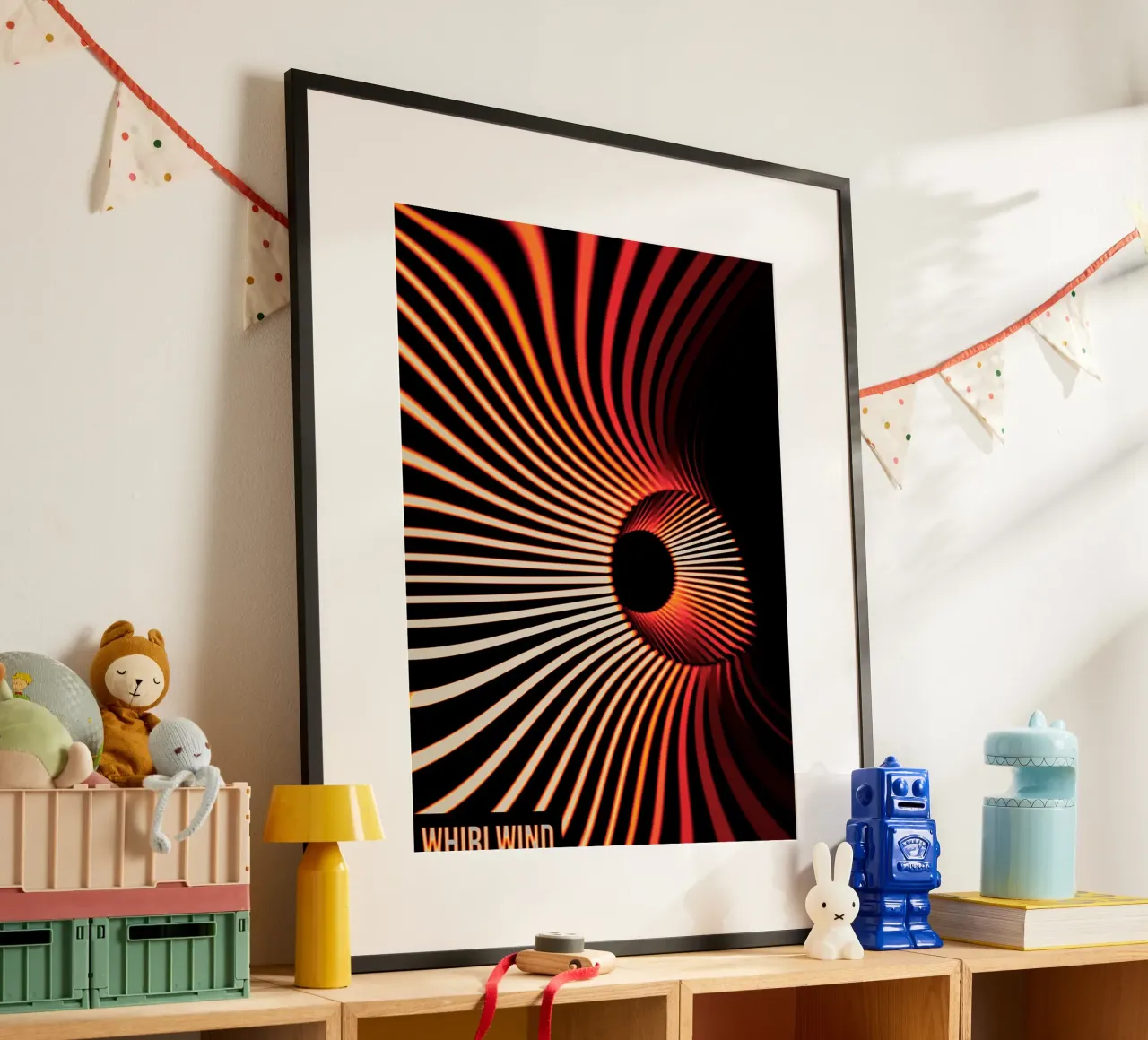 Vortice di luce Astratto Poster Spirale Rosso e Nero poster con telaio in legno da Sarah Mauriaucourt